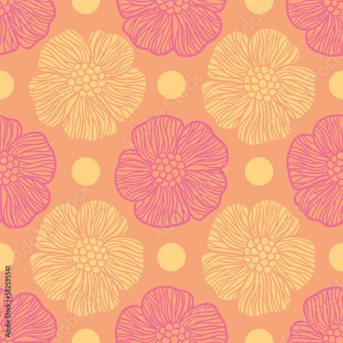 Retro style flowers and polka dots repeating pattern