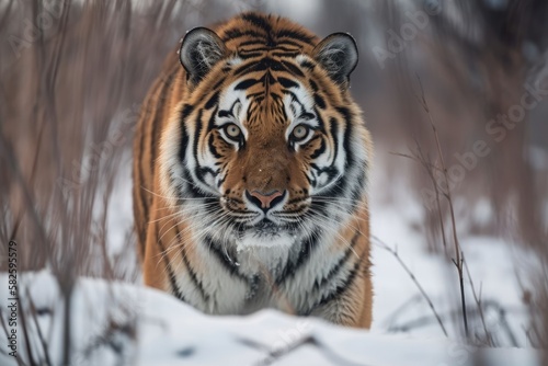 Tiger follows the prey. In the dead of winter, hunt for prey in Tajga. Tiger in the raw winter landscape. Animal in peril in an action scene. Snowflake and a stunning Siberian tiger in Tajga, Russia photo