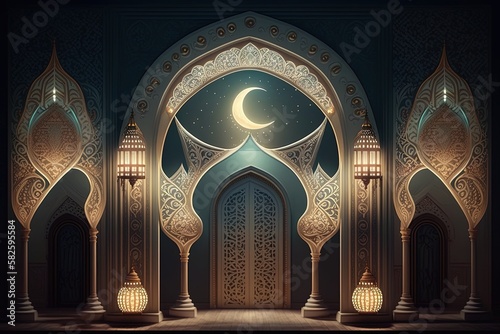Ramadan's celebration, evening background banner with Mosque and crescent moon, generative AI