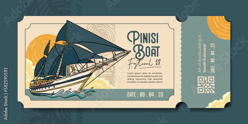 Transportation event voucher ticket with Pinisi Boat South Sulawesi hand drawn illustration photo