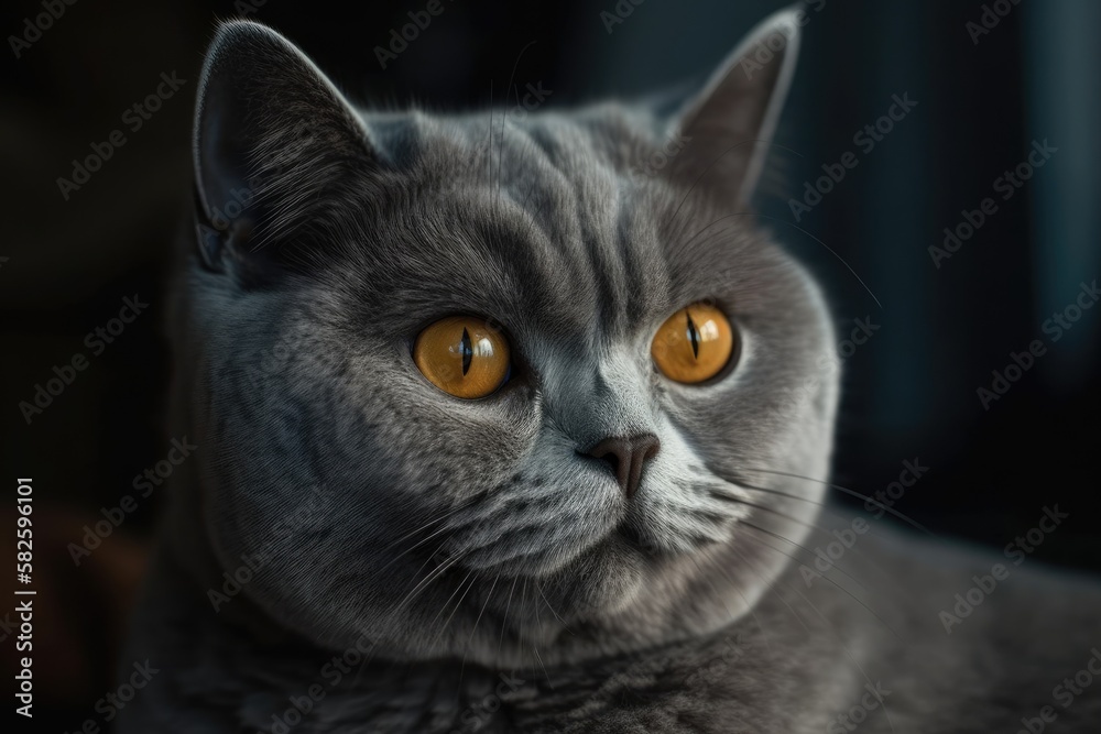 A lovely gray British cat with golden eyes. Generative AI