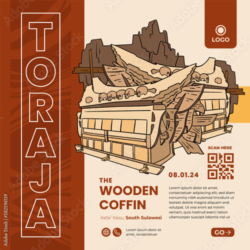 wooden coffin kete' kesu, tana toraja culture indonesia handrawn illustration photo