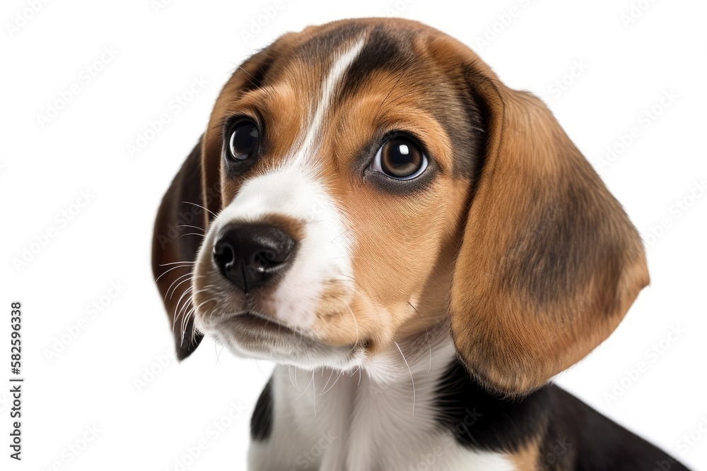 Beagle puppy dog with an upward and away gaze. isolated against a white backdrop. Generative AI