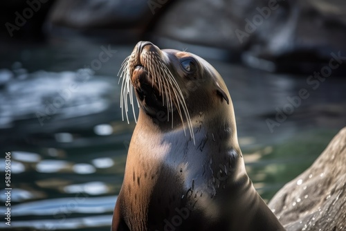 A close shot of a sea lion standing on its fins, head up, searching for something. Generative AI
