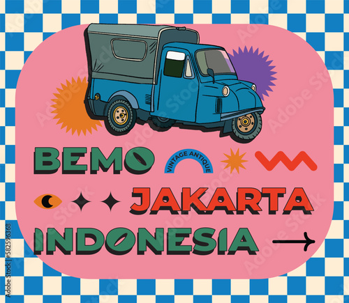 jakarta traditional transportation called bemo vintage handdrawn illustration