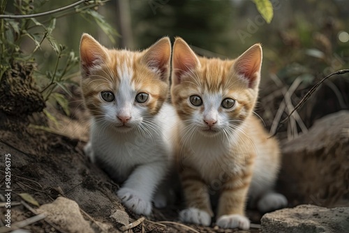 White and ginger kittens explore their rural habitat in Russia. Generative AI