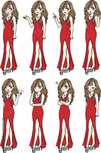 8種類の赤いドレスのキャバ嬢（全身）