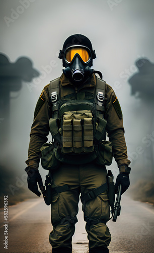 a fully equipped military person wearing a gas mask