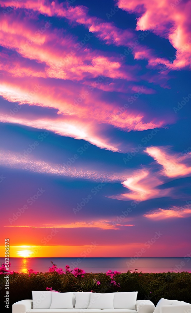 an outdoor couch with a beautiful sunset background with pink clouds
