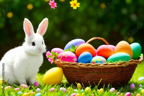 Egg-citing Easter Bunny with a Basket of Colorful Eggs - Generative Ai