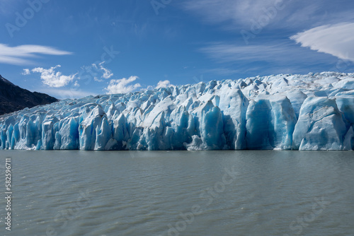 Front wall of the Grey Glacier in the Torres del Paine National Park, Puerto Natales, Chile. Grey Glacier is a mountain glacier at the south end of the Southern Patagonia Ice Field.