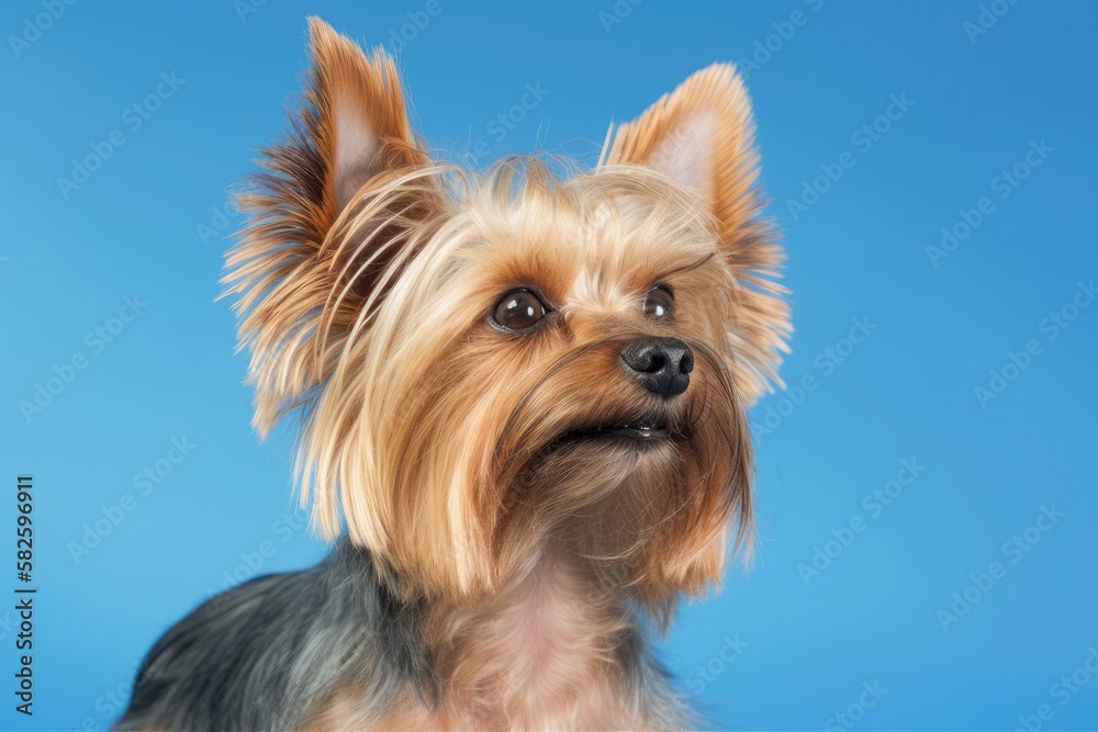 Yorkie the small on a blue background. Close up. Generative AI