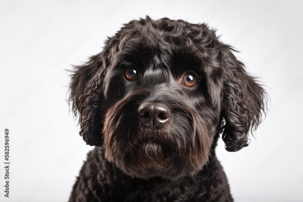 Isolated on a white background, a portrait of a curly black labradoodle dog looking at the camera. Generative AI Isolated on a white background, a portrait of a curly black labradoodle dog looking at the camera. Generative AI