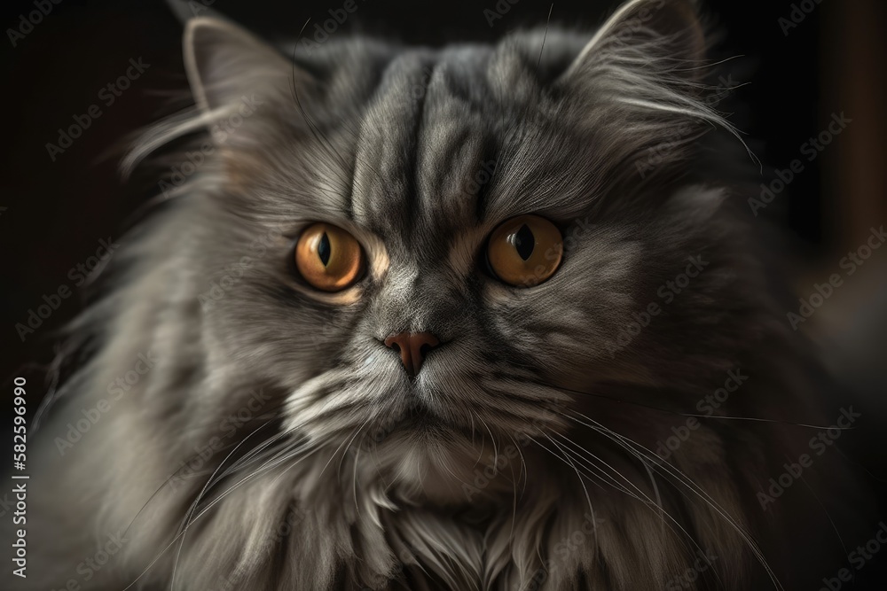 Close up of a cute british longhair cat with yellow eyes. Generative AI