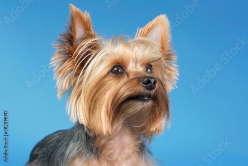 Yorkie the small on a blue background. Close up. Generative AI