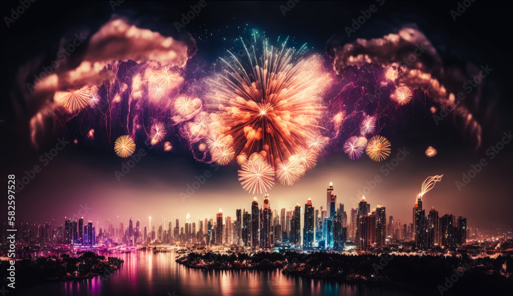 fireworks exploding in the night sky over a cityscape, long exposure - Generative AI