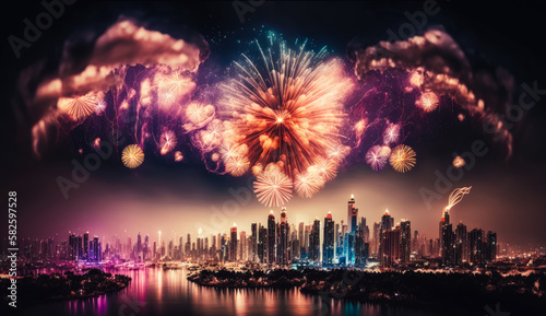 fireworks exploding in the night sky over a cityscape, long exposure - Generative AI