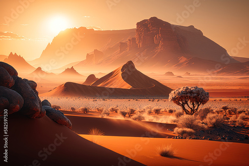 The rolling sand dunes and stark rock formations of Namibia s Sossusvlei Desert  with a blazing sun setting behind the distant horizon - Generative AI