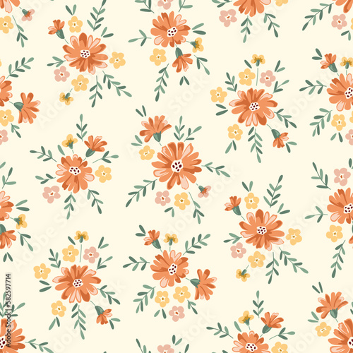 Delicate Chintz Romantic Meadow Wildflowers Vector Seamless Pattern. Cottagecore Garden Flowers and Foliage Print. Homestead Bouquet. Farmhouse Background