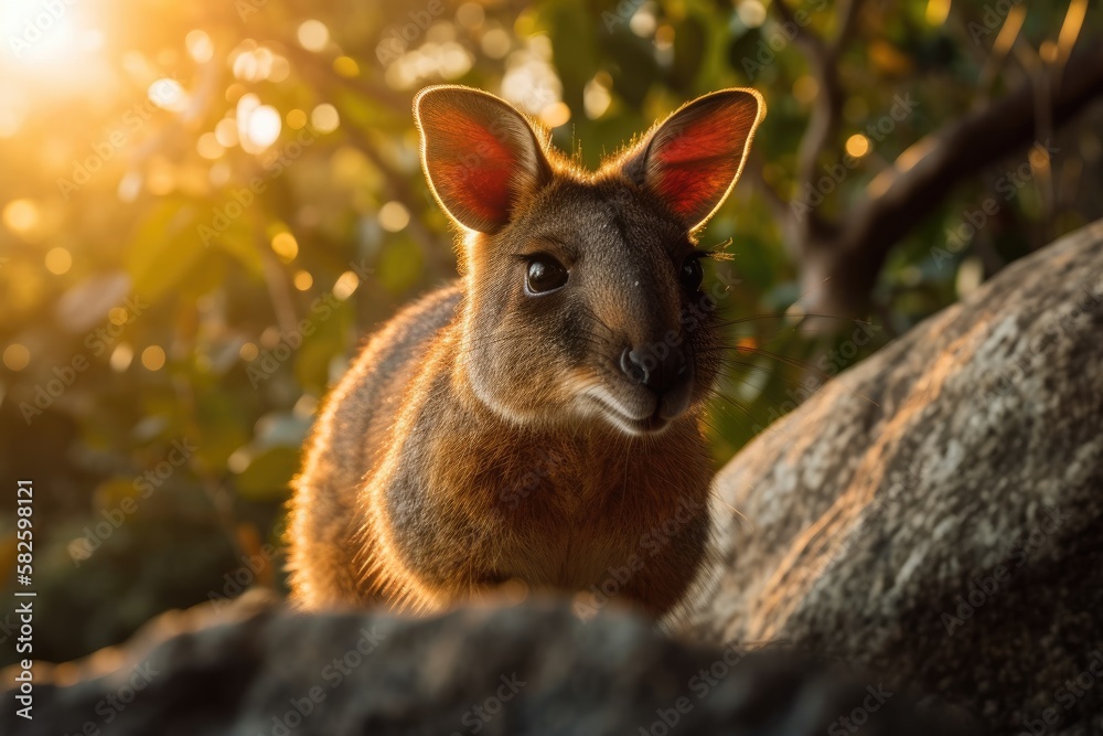 Cute Rock Wallaby on Geoffrey Bay Magnetic Island in Queensland, Australia, as the sun sets. Generative AI