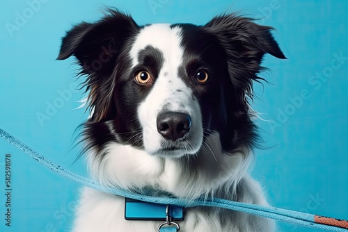 Voucher Made for Pet Stores, Veterinarian Offices, Pet Salons, etc. Adorable Border Collie in a portrait holding a leash. Generative AI