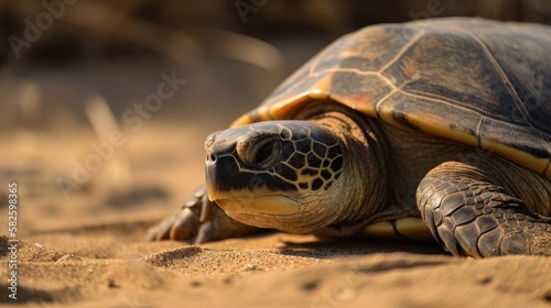 Turtle on a Beach Closeup. Generative AI.