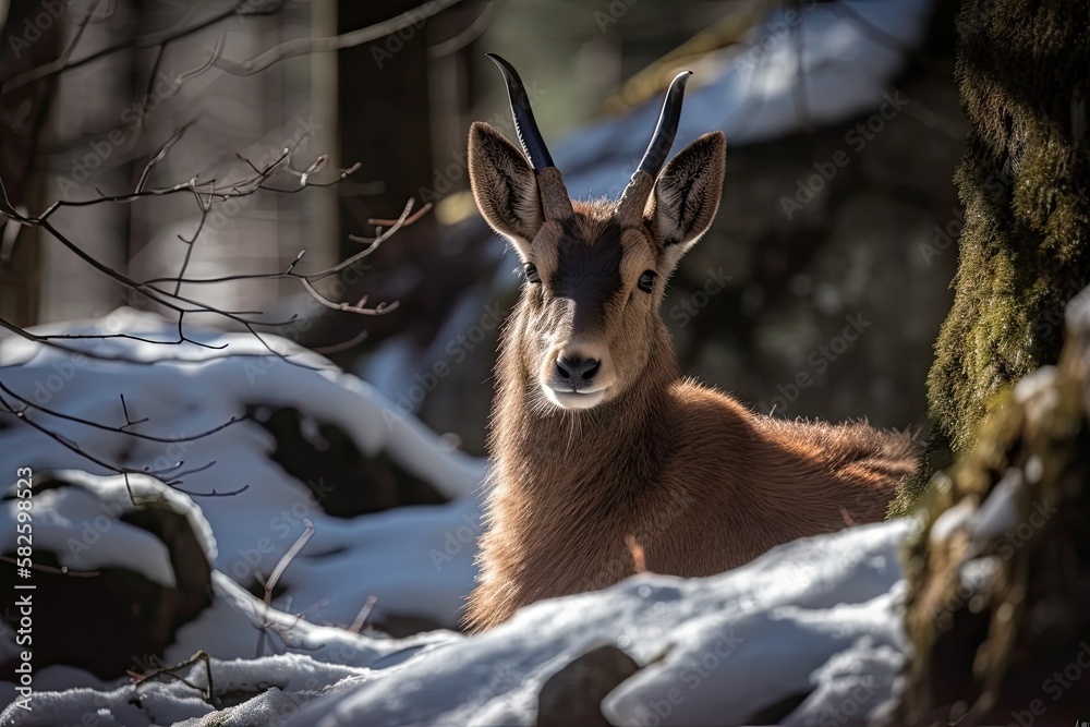 Wintertime chamois in a woodland. Scene in winter with a horned animal. Upicapra, upicapra. creature from Alp. A chamois is portrayed closely. Generative AI Wintertime chamois in a woodland. Scene in winter with a horned animal. Upicapra, upicapra. creature from Alp. A chamois is portrayed closely. Generative AI