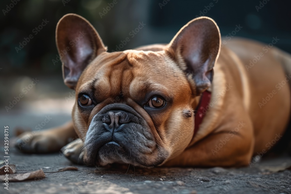 French bulldog lying on the outdoor pavement. Generative AI