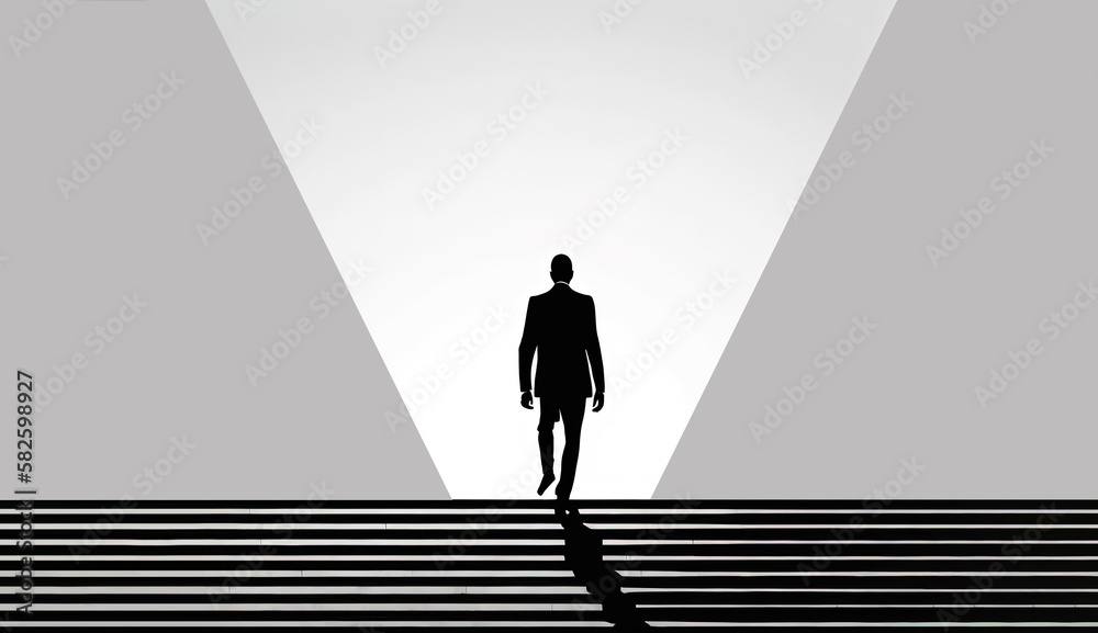AI Generative Illustration of a Creative Photo of The Never-Ending Climb A Metaphor for Success, A businessman's silhouette is shown climbing a never-ending staircase against a minimalistic seamless b