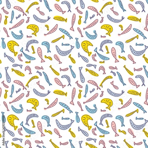 Hand drawn multicolored fishes seamless pattern. Perfect print for tee  paper  textile and fabric. Animalistic background for decor and design.