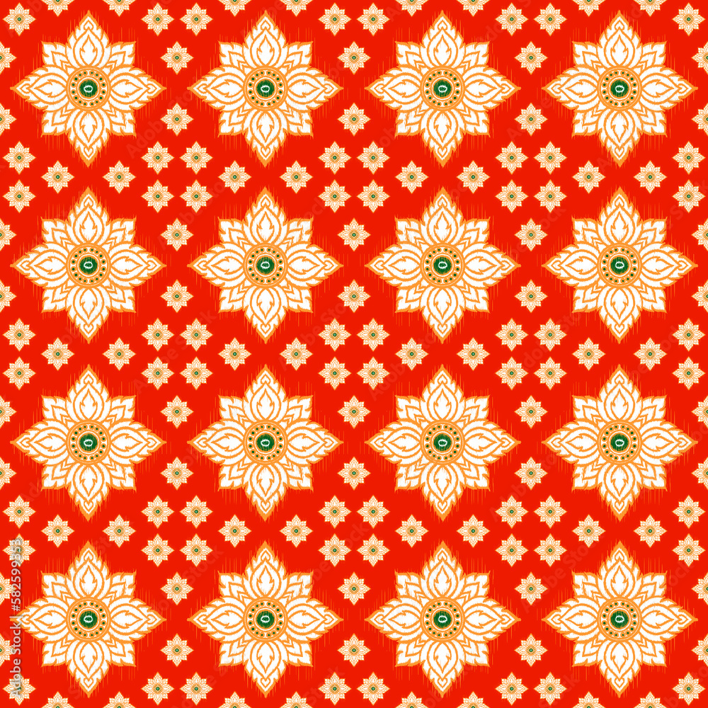 Thai Ikat Seamless Pattern Background with Flowers