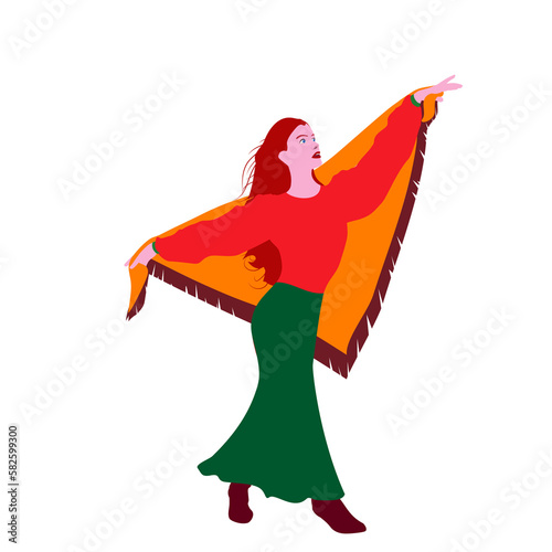 Girl with a headscarf dances in a long skirt, shirt and boots.
Illustration of a girl with her arms raised to the sides. 
Illustrations of women. 
Transparent background.