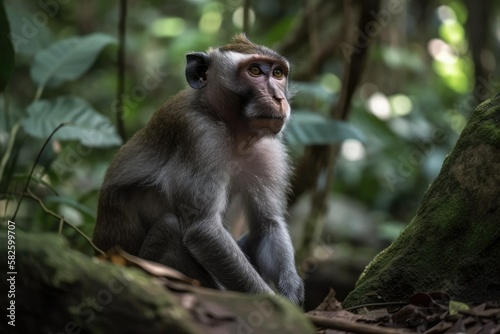 Adult monkey sitting in a woodland in a portrait. Indonesian island of Bali, monkey woodland. Generative AI © AkuAku