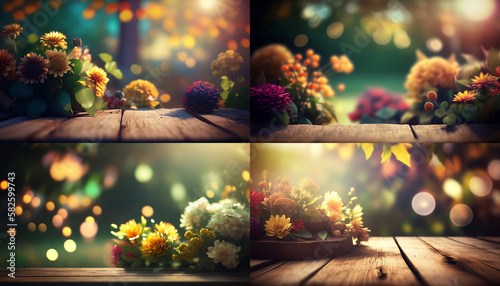Autumn time: SET flowers on a wooden table in a green garden with defocused Bokeh lights and flare effect  IA © katherine