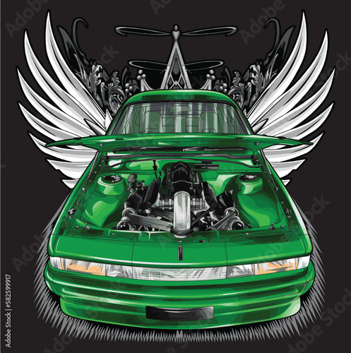 green drag race illustration isolated in black background for poster, t-shirt, graphic design, business element, and card