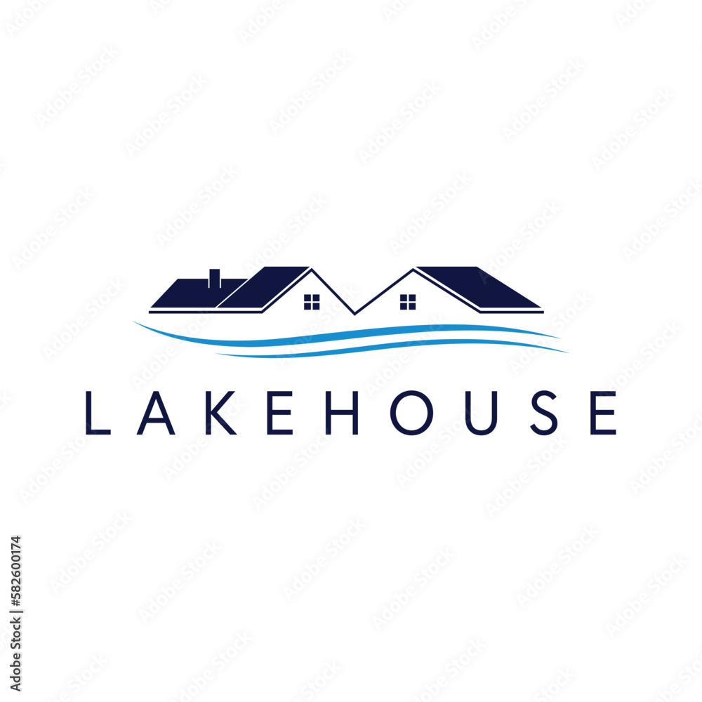 Lakehouse logo design. Real estate logotype. House and waves logo template.