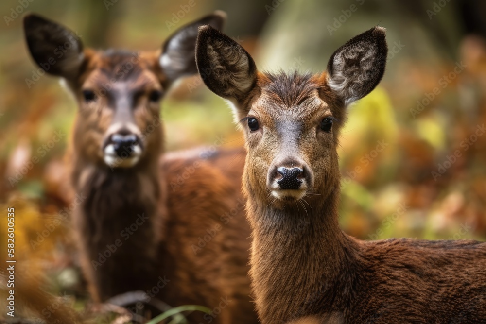 Fototapeta premium Red deer calves in the meadow. Generative AI