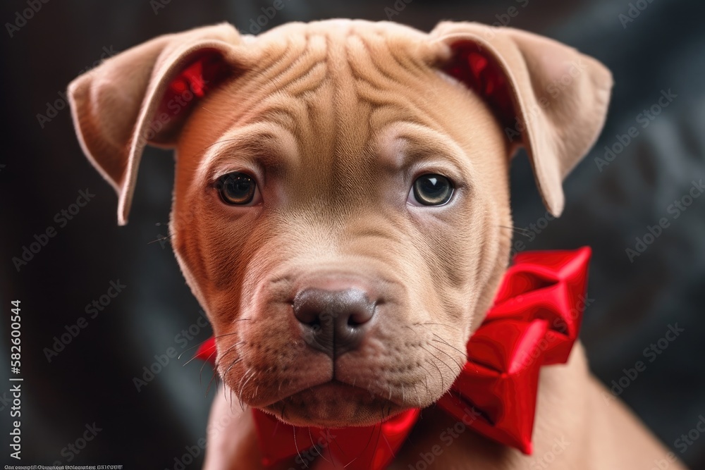 Pit Bull Puppy Picture with a Red Christmas Bow on His Head. Generative AI