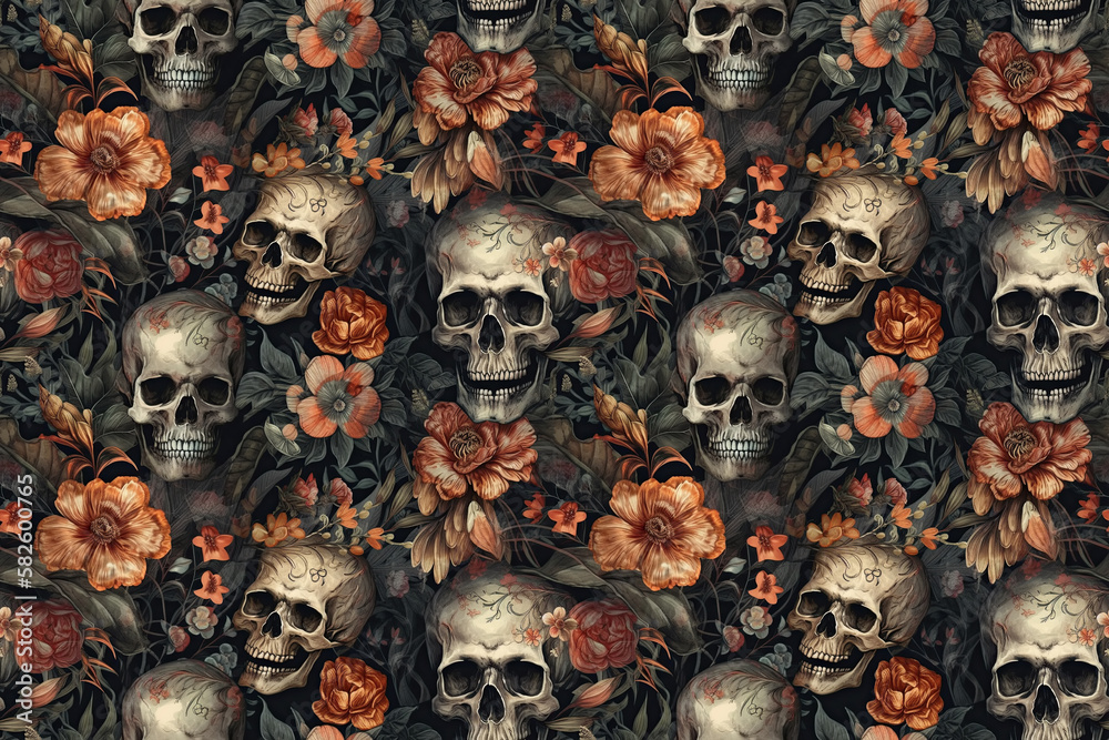 background with skulls and flowers. Seamless pattern. Generative AI illustration