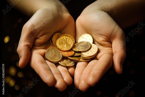 Hands Full of Gold Coins, Reflecting Richness, Abundance, Finances, Prizes, Saving, Treasures, between another interpretations, generative ai photo