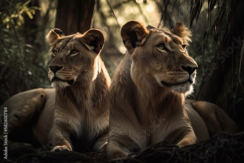 A wild lion and lioness in silhouette sitting on the ground in a forest provides an incredible perspective of these animals against a beautiful background of trees and foliage. A close up shot of an o