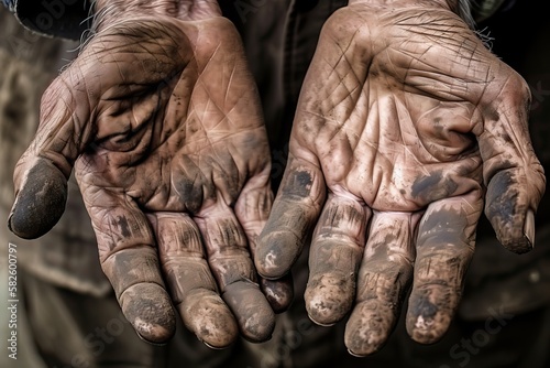Aged hands, worn and soiled by lifelong toil for meager pay. Now old and frail, they find no support in their twilight years, generative ai © Sebastián Hernández