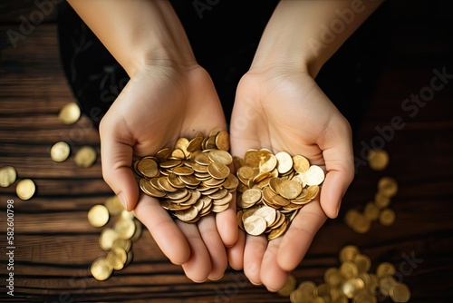 Hands Full of Gold Coins, Reflecting Richness, Abundance, Finances, Prizes, Saving, Treasures, between another interpretations, generative ai photo