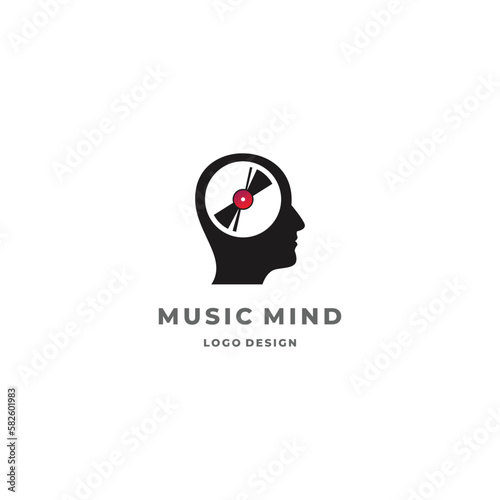 music mind logo design. human head combine with vinyl disc cassette logo concept