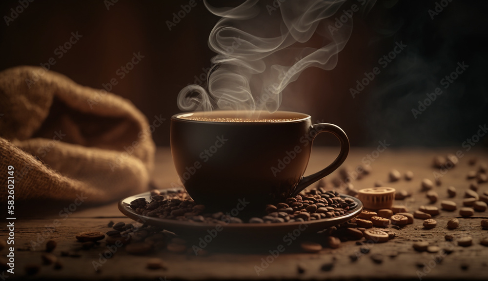 Fototapeta premium Fresh coffee steams on wooden table close up ,generative AI