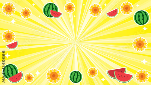 グラデーションを使用した夏の黄色フラッシュ(ひまわりとスイカとキラキラ)