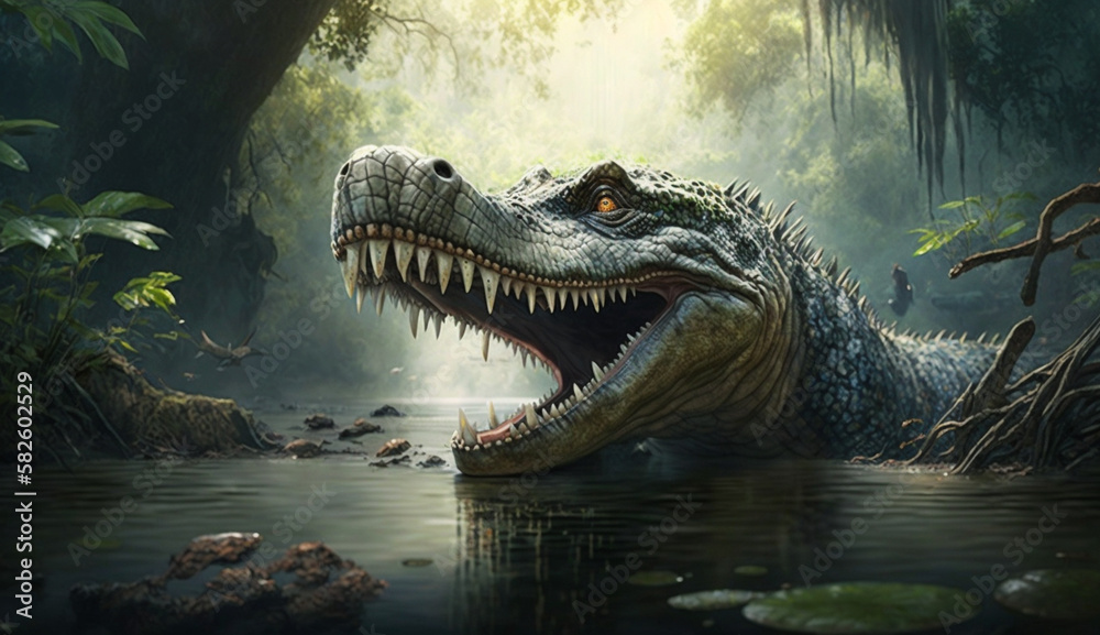 Fototapeta premium Dinosaur roars fiercely in the prehistoric landscape ,generative AI