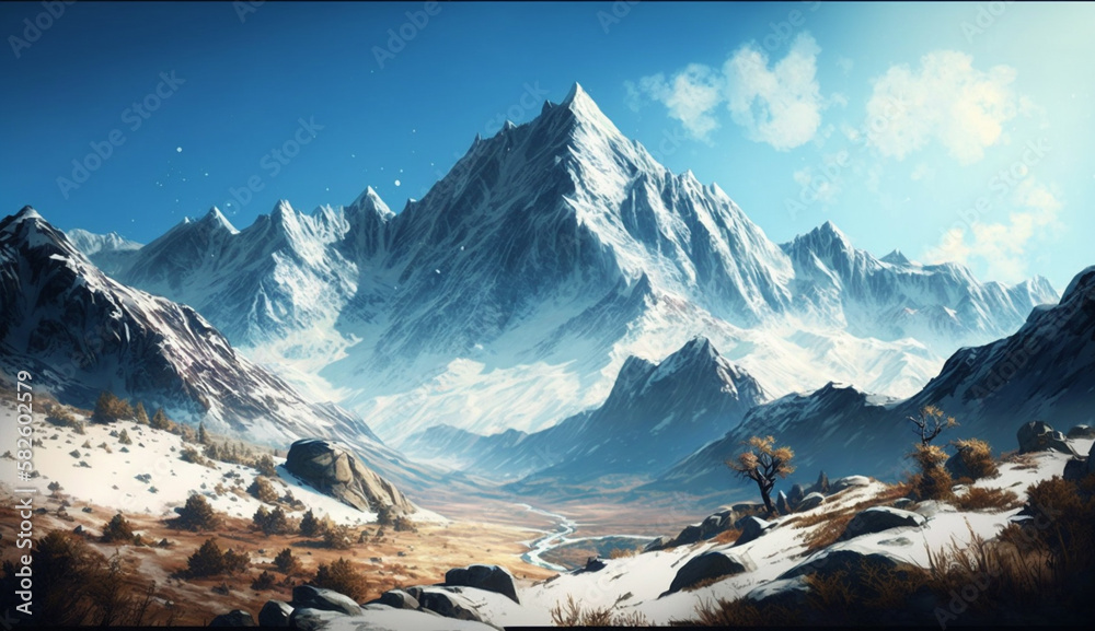 Mountain peak standing majestically over icy landscape ,generative AI