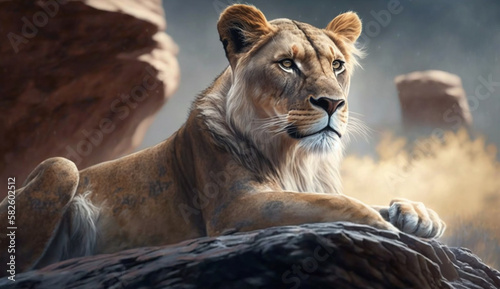 A majestic lioness posing for the camera ,generative AI