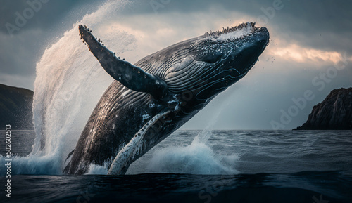 Large humpback whale majestically breaches in natural beauty ,generative AI